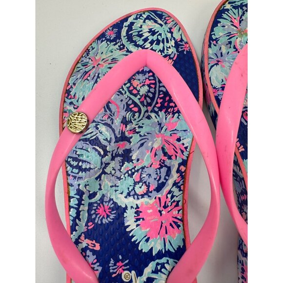 Lilly Pulitzer Oyster Bay You've Been Spotted Flip Flops With Pink Straps & Blue - Picture 9 of 9